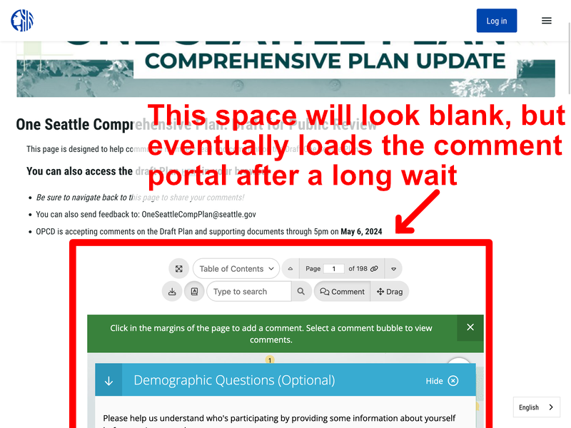The location on the Seattle city page that loads the One Seattle Plan comment portal. This takes a long time to load and can look broken.